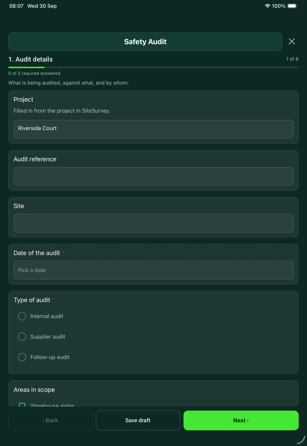The Safety Audit form in the SiteSurvey app on a tablet