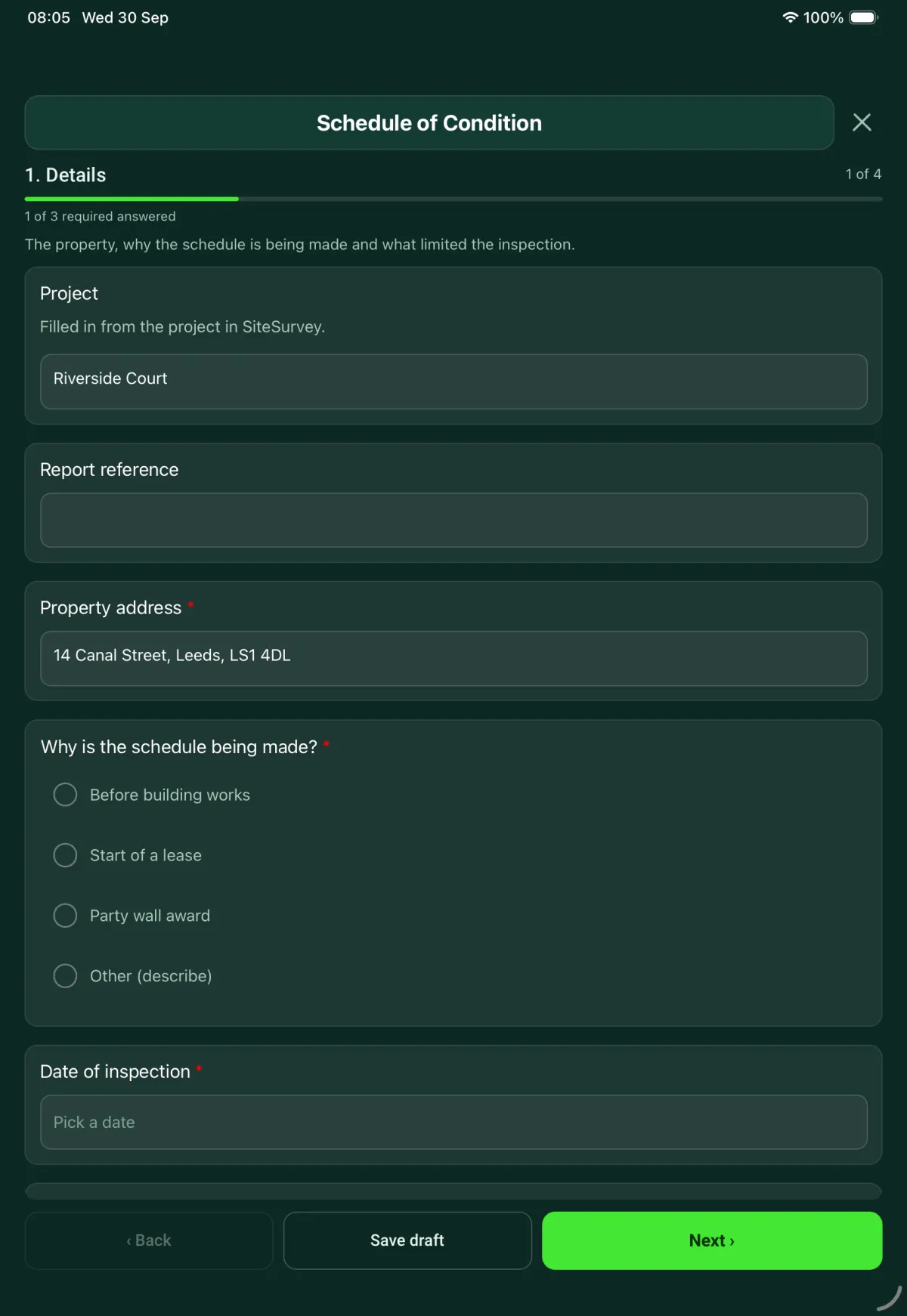 The Schedule of Condition form in the SiteSurvey app on a tablet