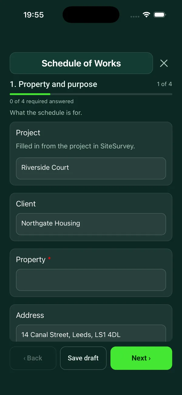 The Schedule of Works form in the SiteSurvey app on a phone
