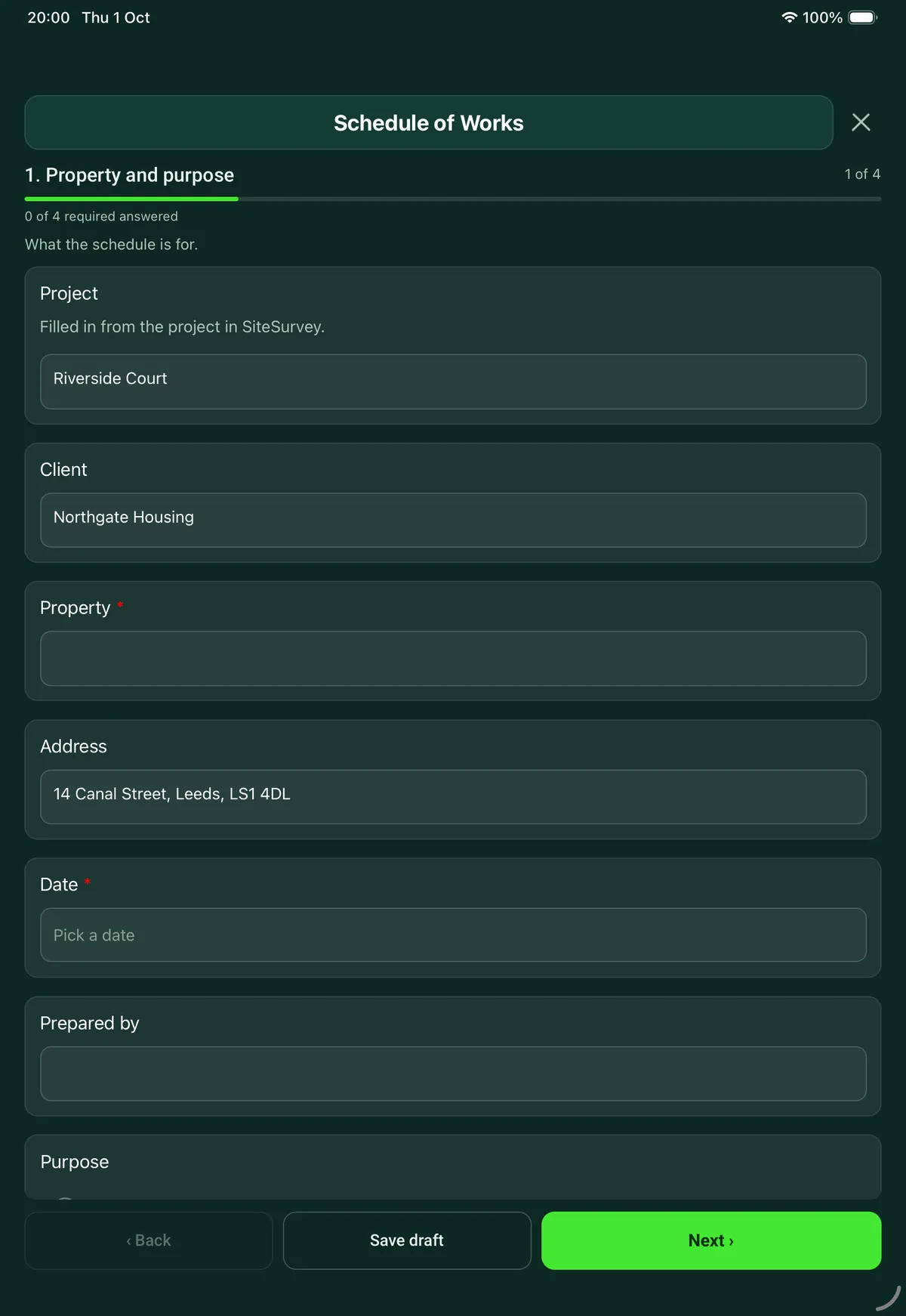 The Schedule of Works form in the SiteSurvey app on a tablet
