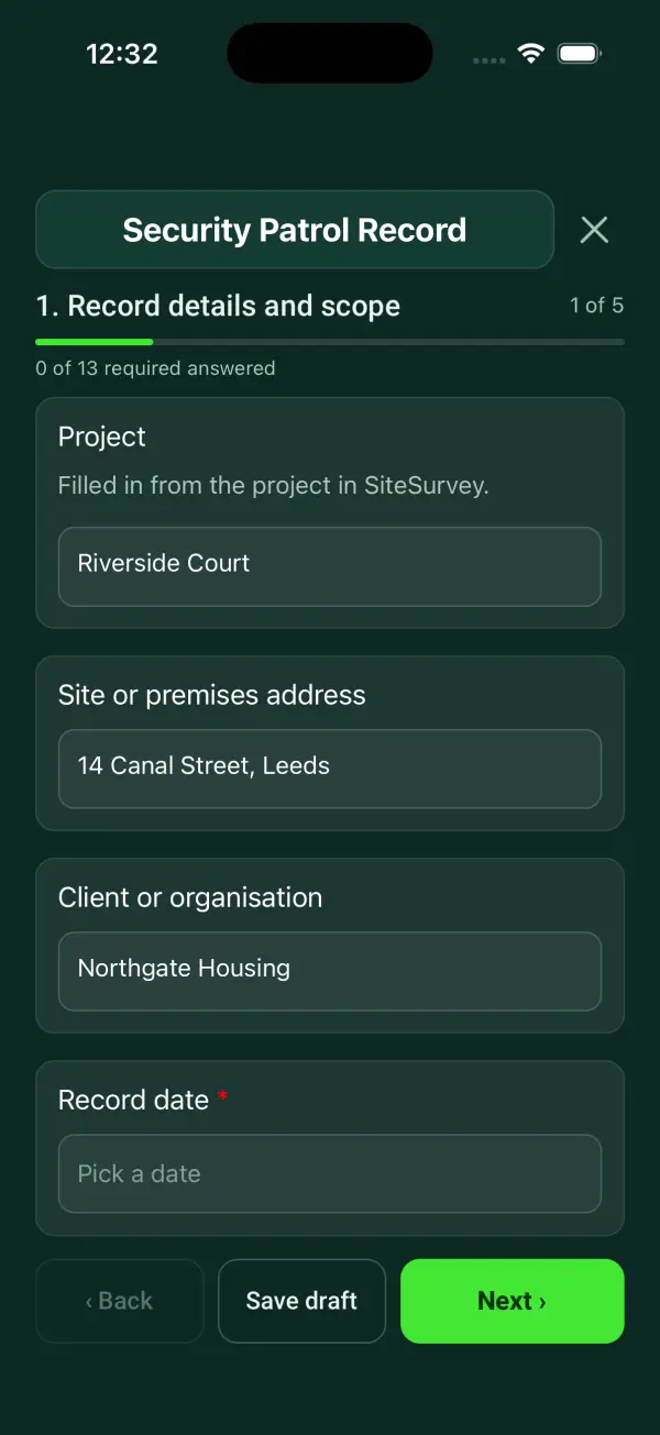 The Security Patrol Record form in the SiteSurvey app on a phone