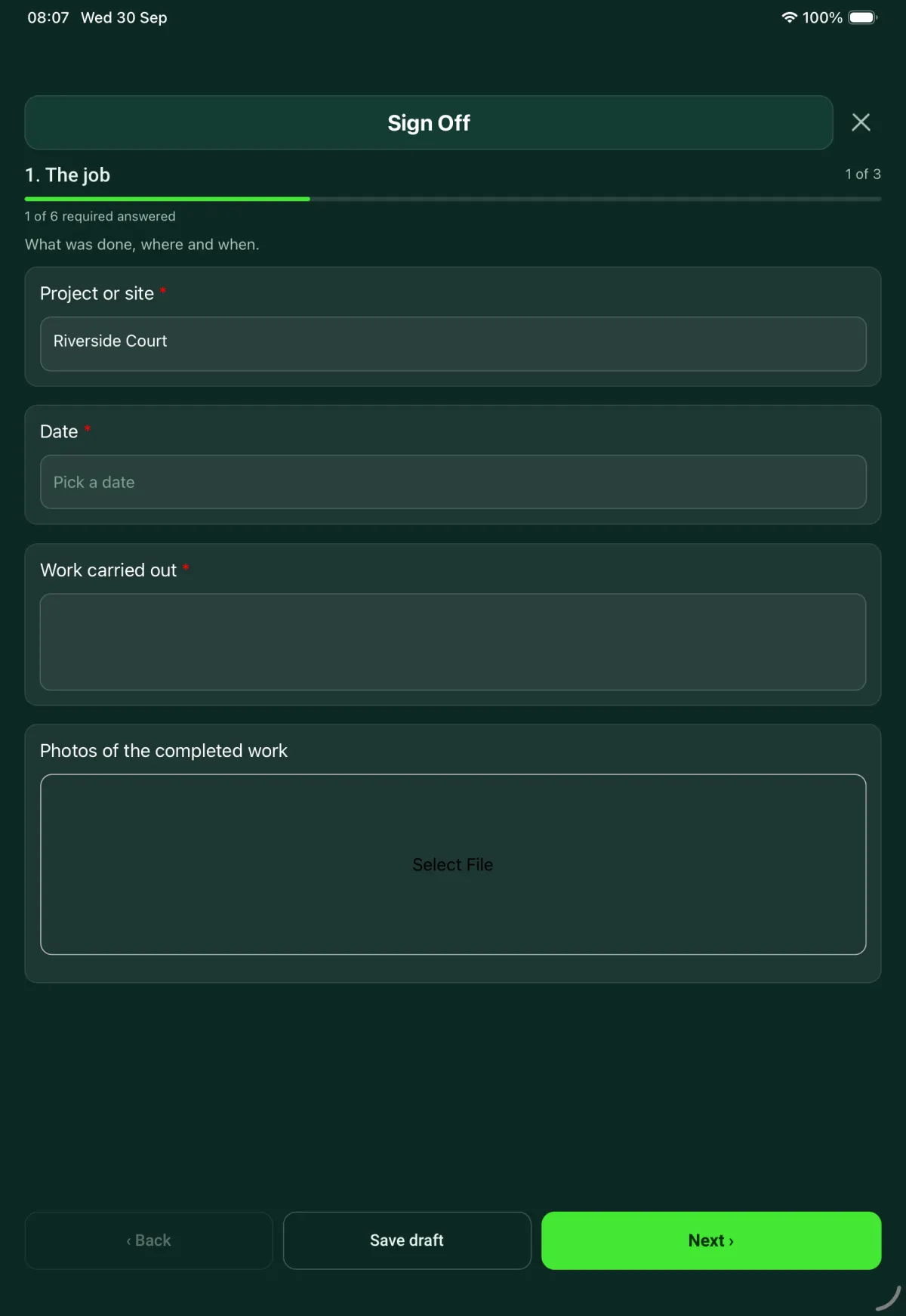 The Sign Off form in the SiteSurvey app on a tablet