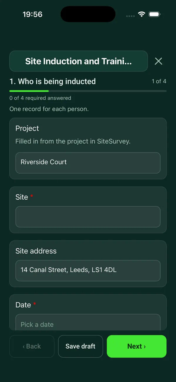 The Site Induction and Training Record form in the SiteSurvey app on a phone