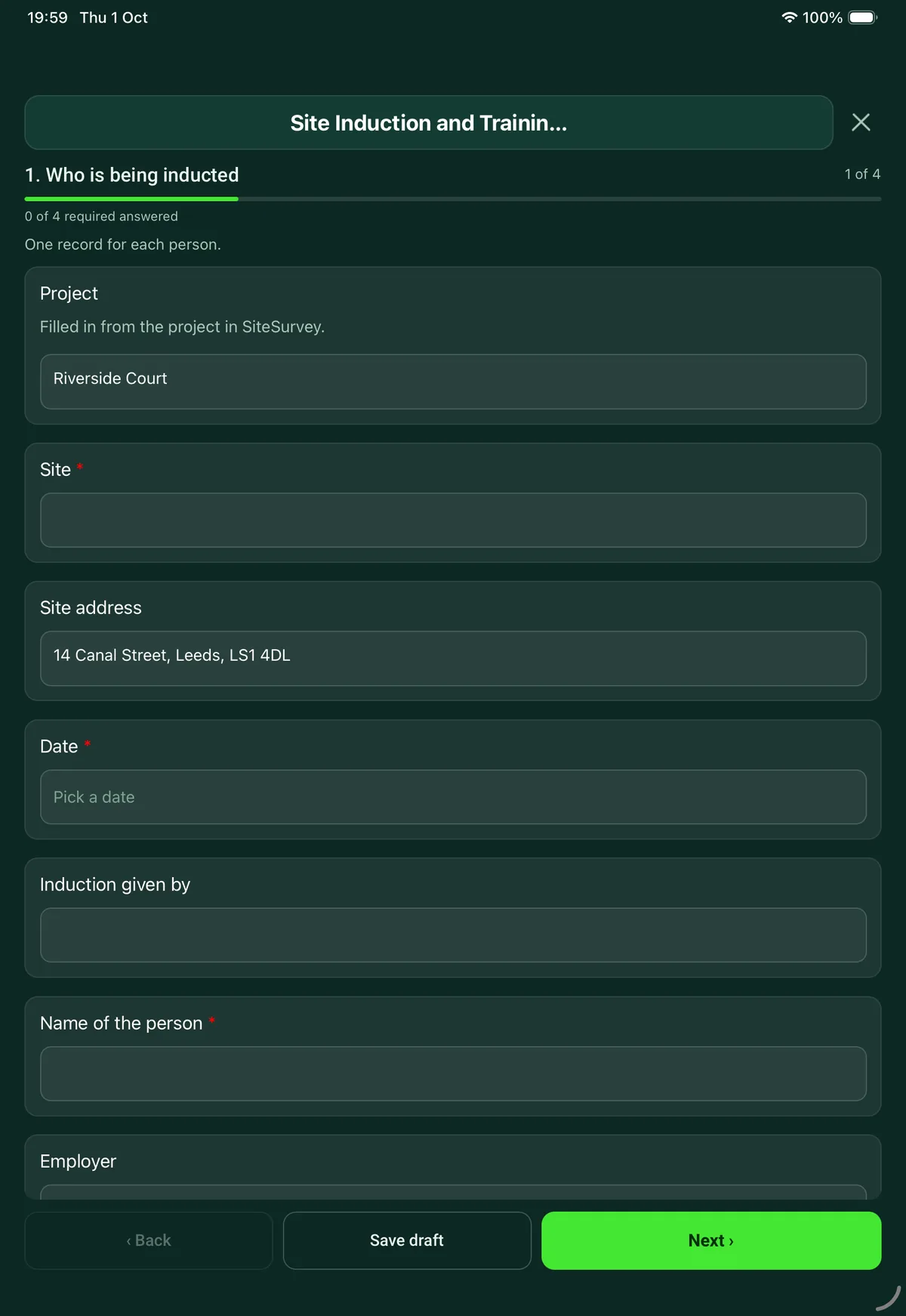 The Site Induction and Training Record form in the SiteSurvey app on a tablet