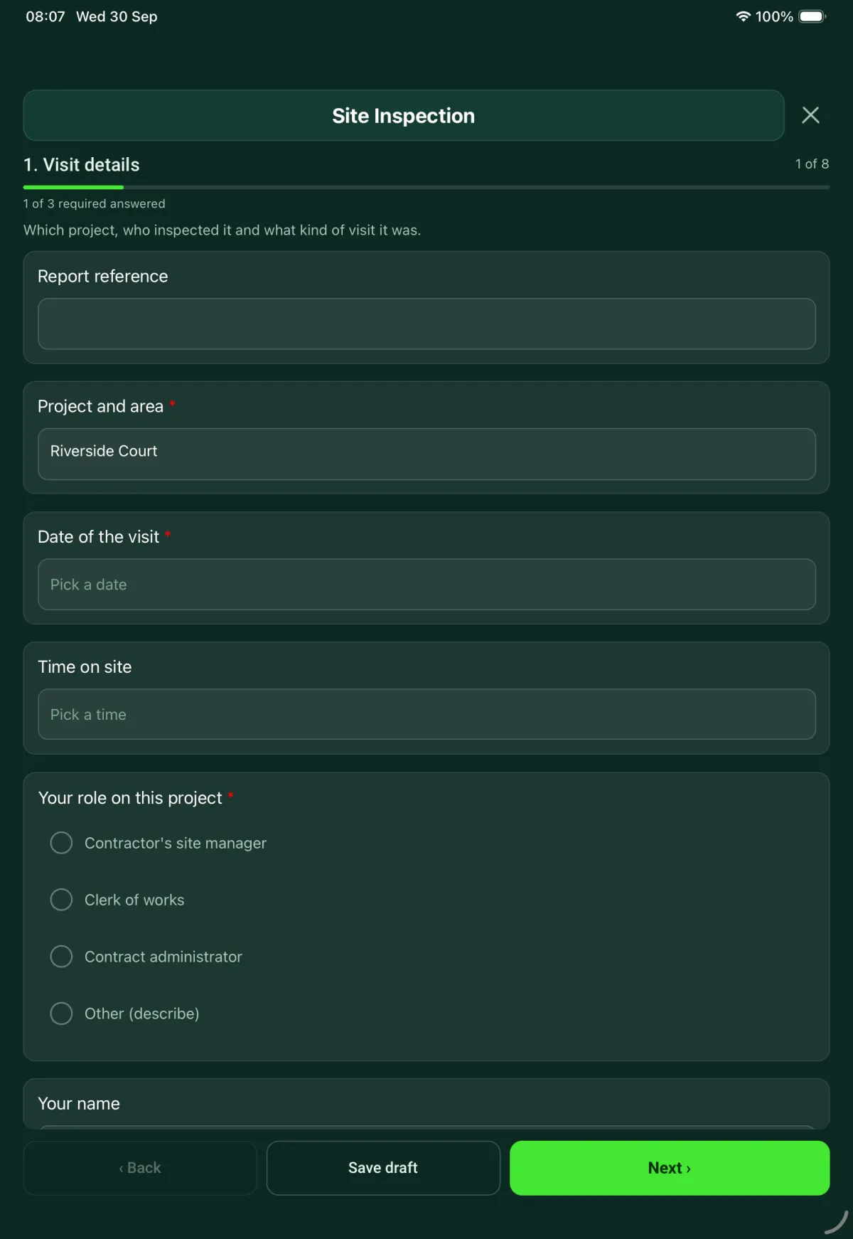 The Site Inspection form in the SiteSurvey app on a tablet