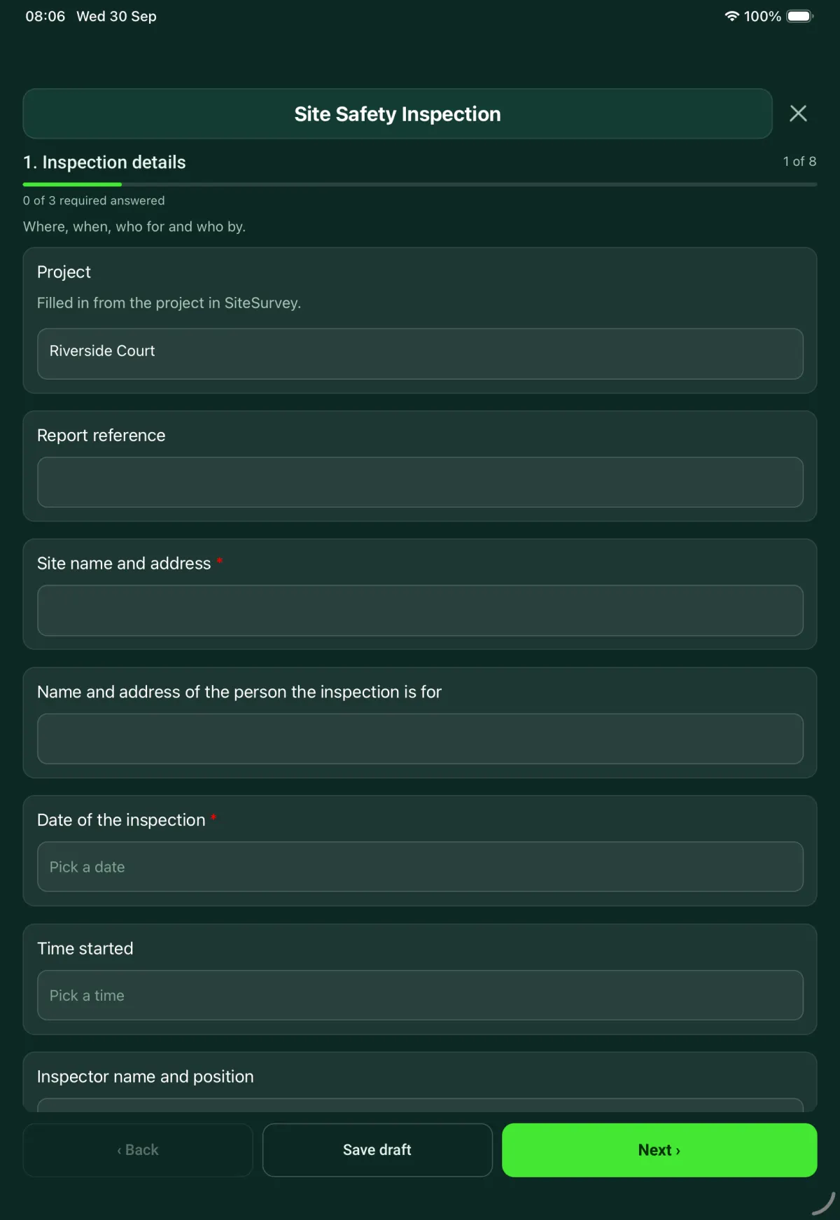 The Site Safety Inspection form in the SiteSurvey app on a tablet