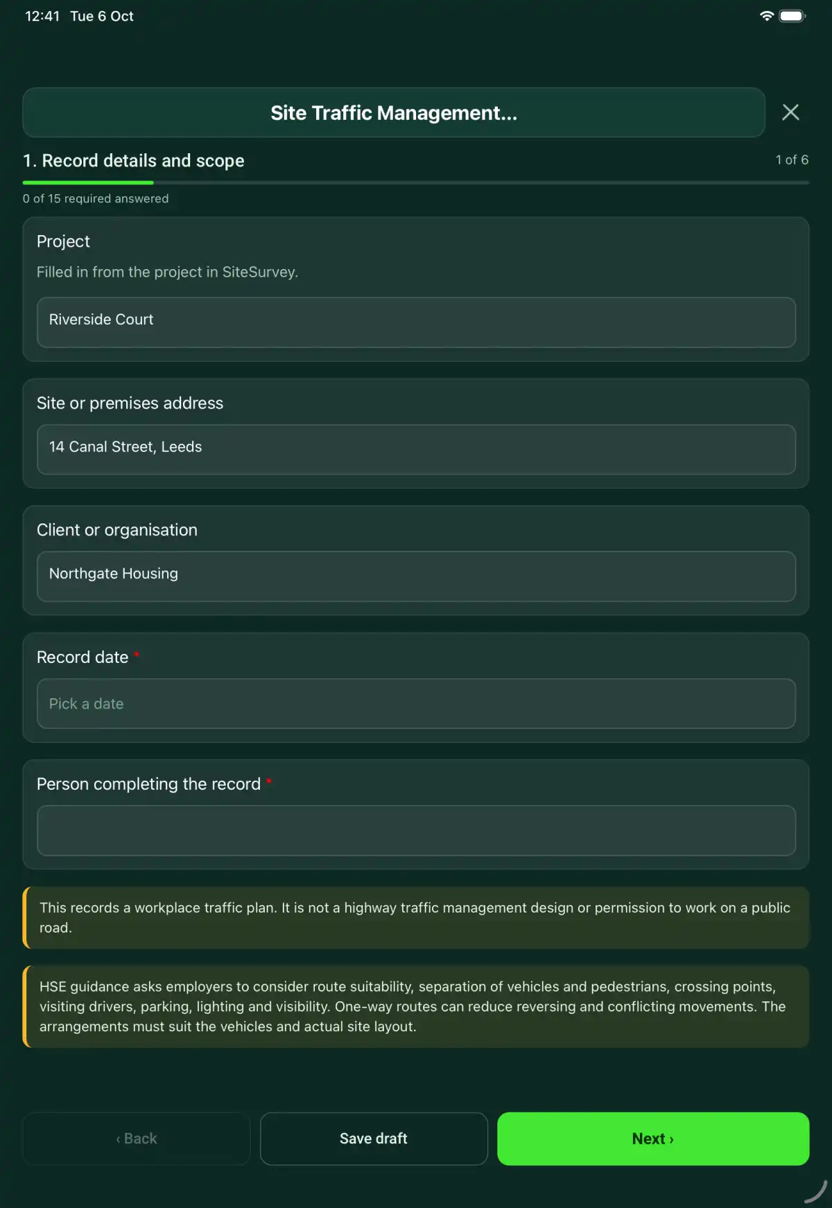 The Site Traffic Management Plan form in the SiteSurvey app on a tablet