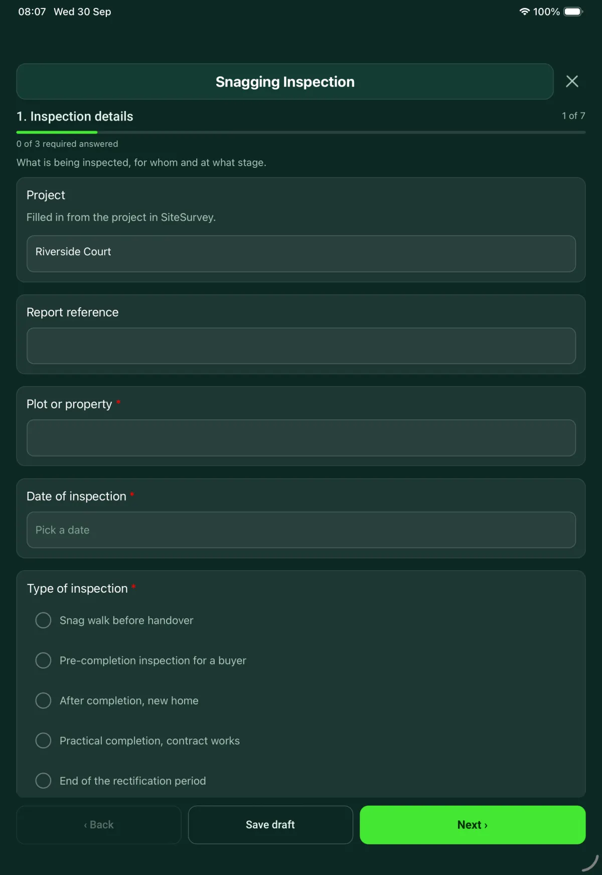 The Snagging Inspection form in the SiteSurvey app on a tablet