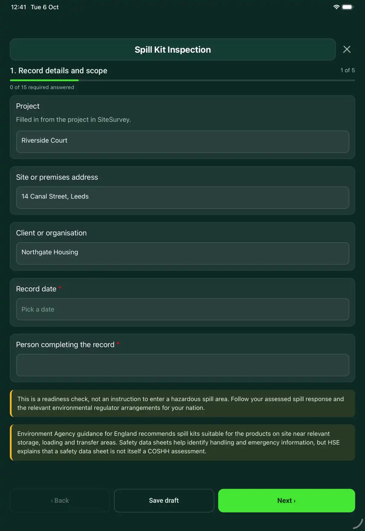 The Spill Kit Inspection form in the SiteSurvey app on a tablet