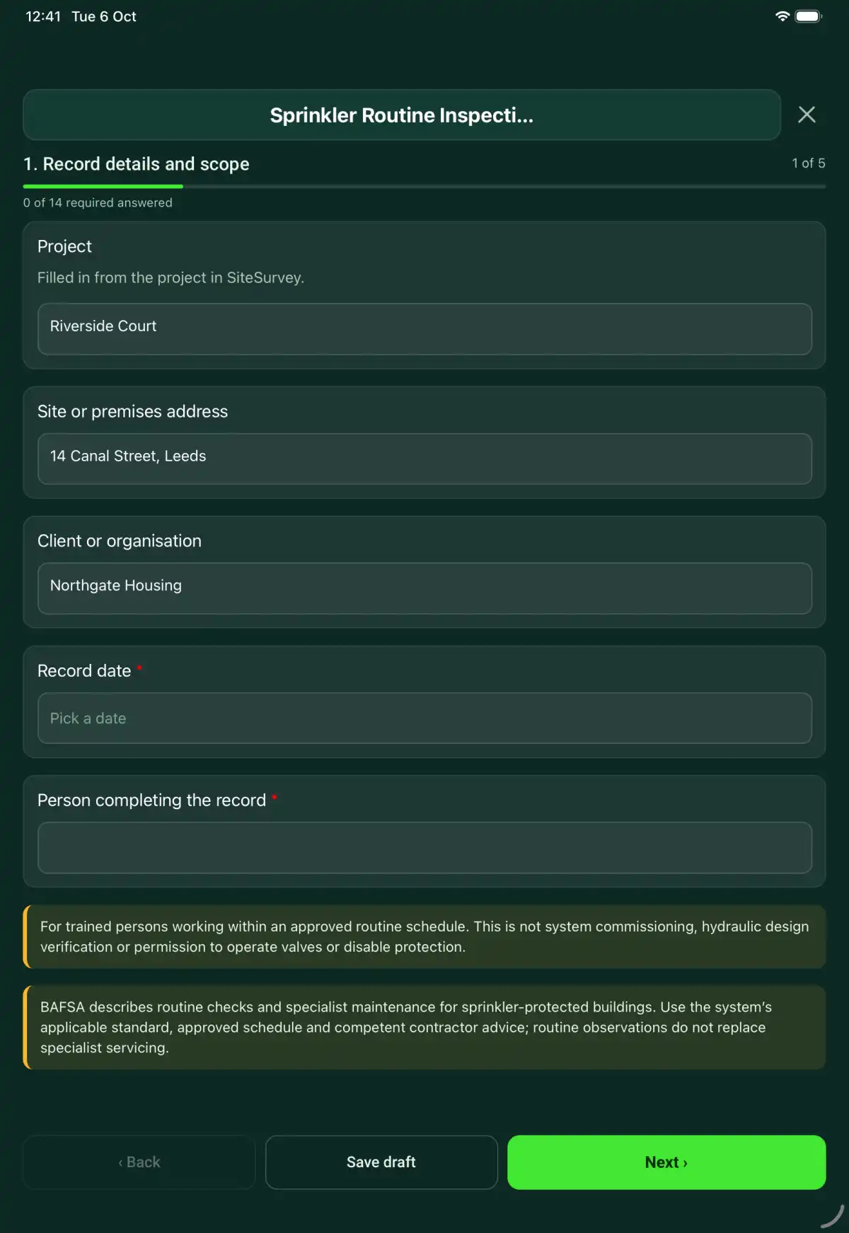 The Sprinkler Routine Inspection form in the SiteSurvey app on a tablet