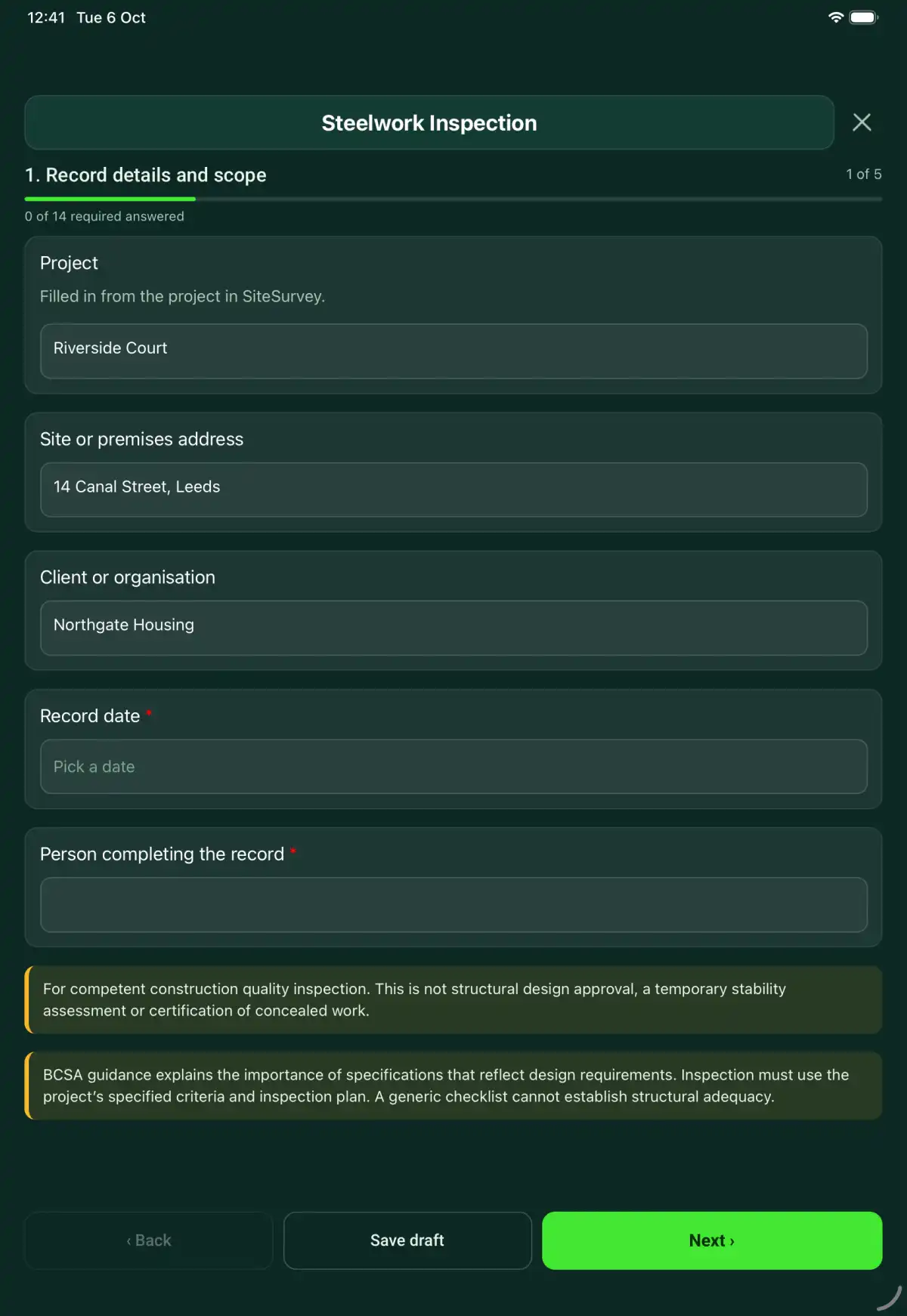 The Steelwork Inspection form in the SiteSurvey app on a tablet