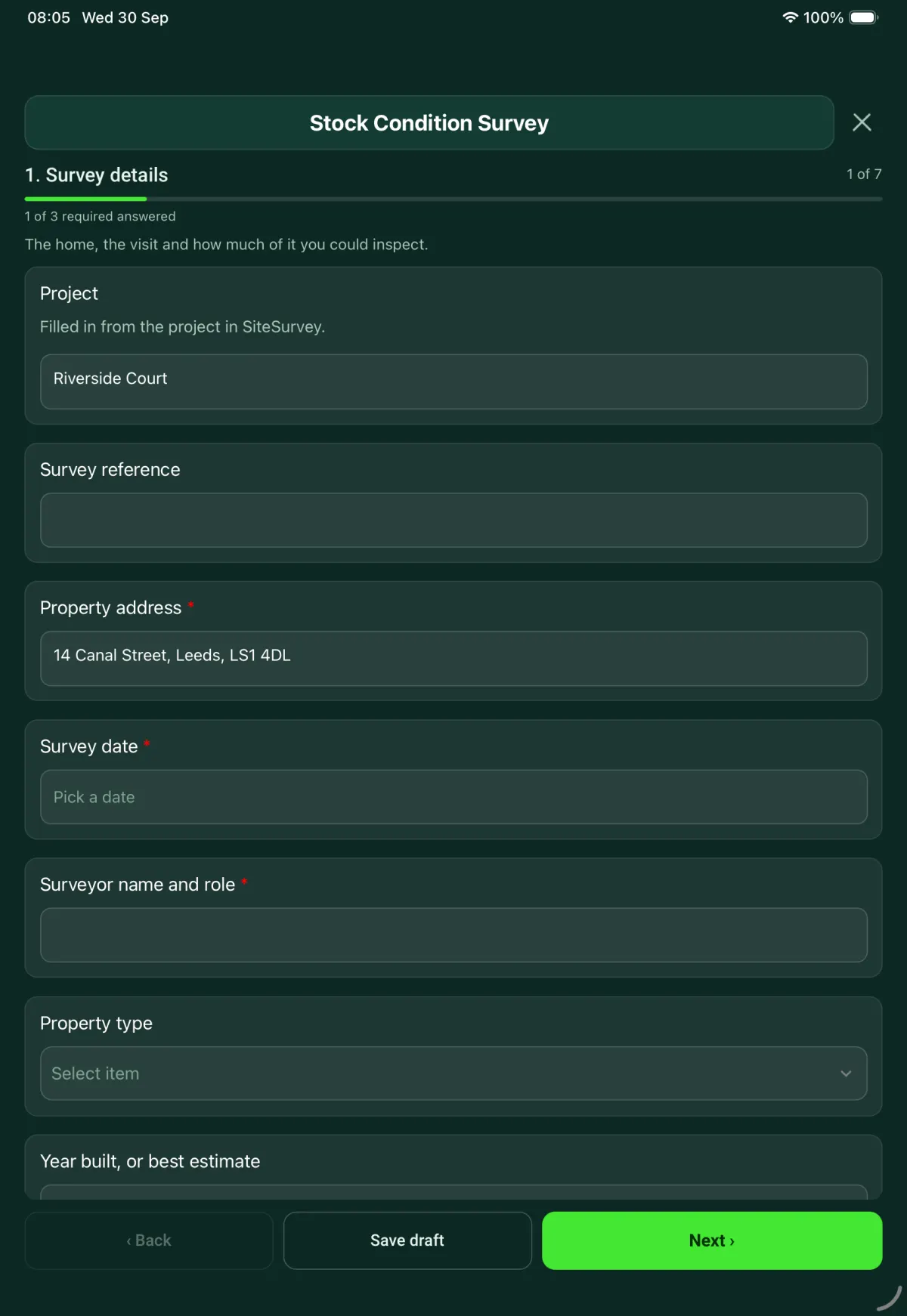The Stock Condition Survey form in the SiteSurvey app on a tablet