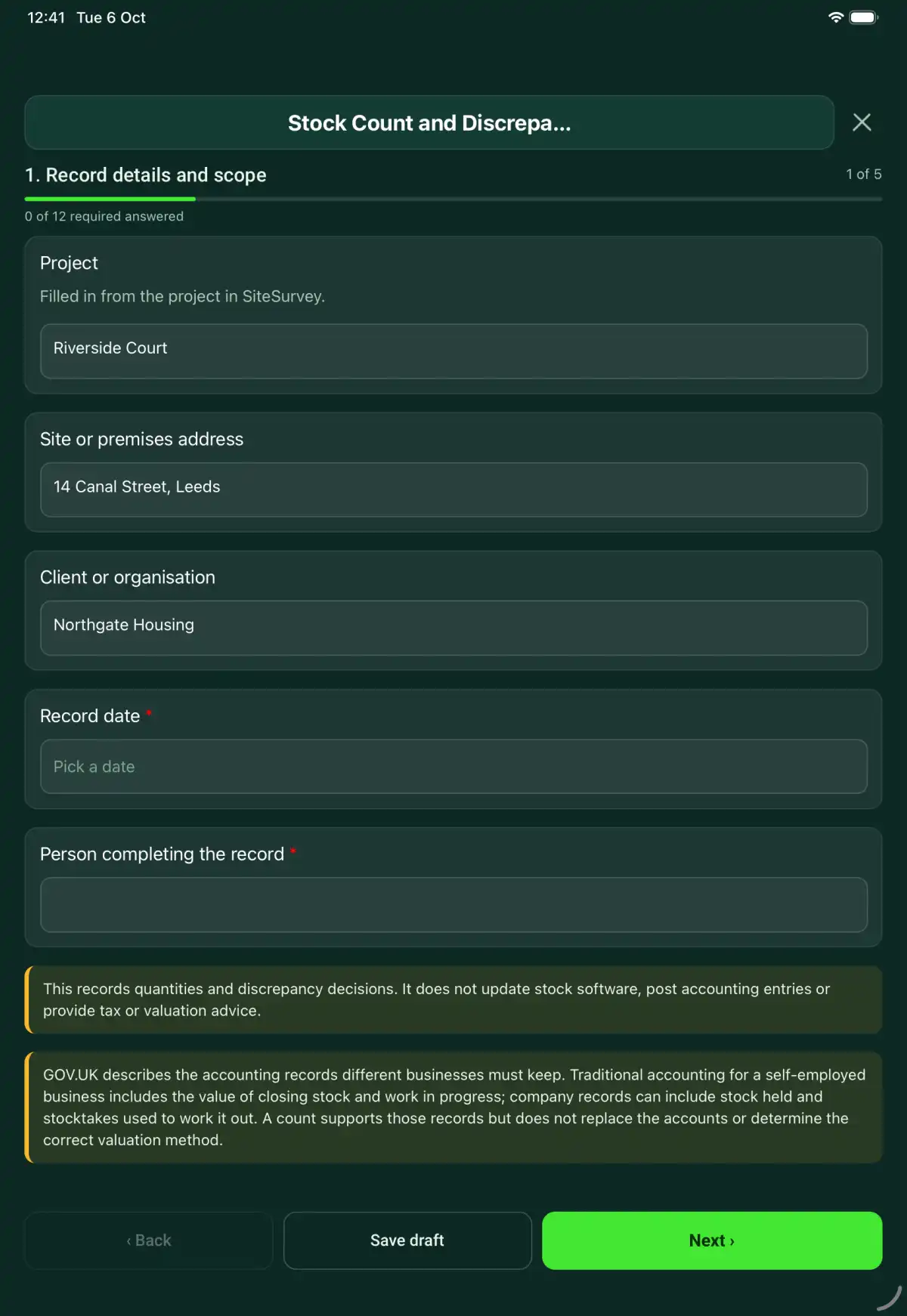 The Stock Count and Discrepancy Record form in the SiteSurvey app on a tablet