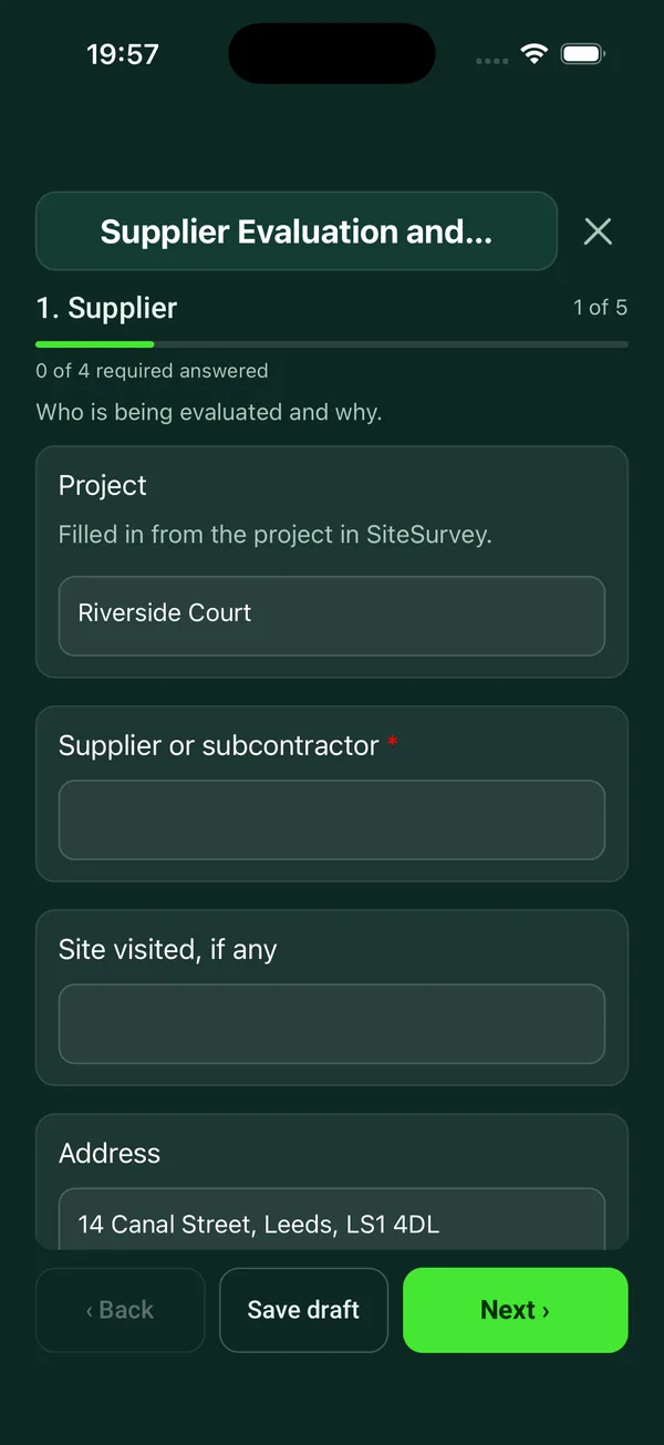 The Supplier Evaluation and Audit form in the SiteSurvey app on a phone