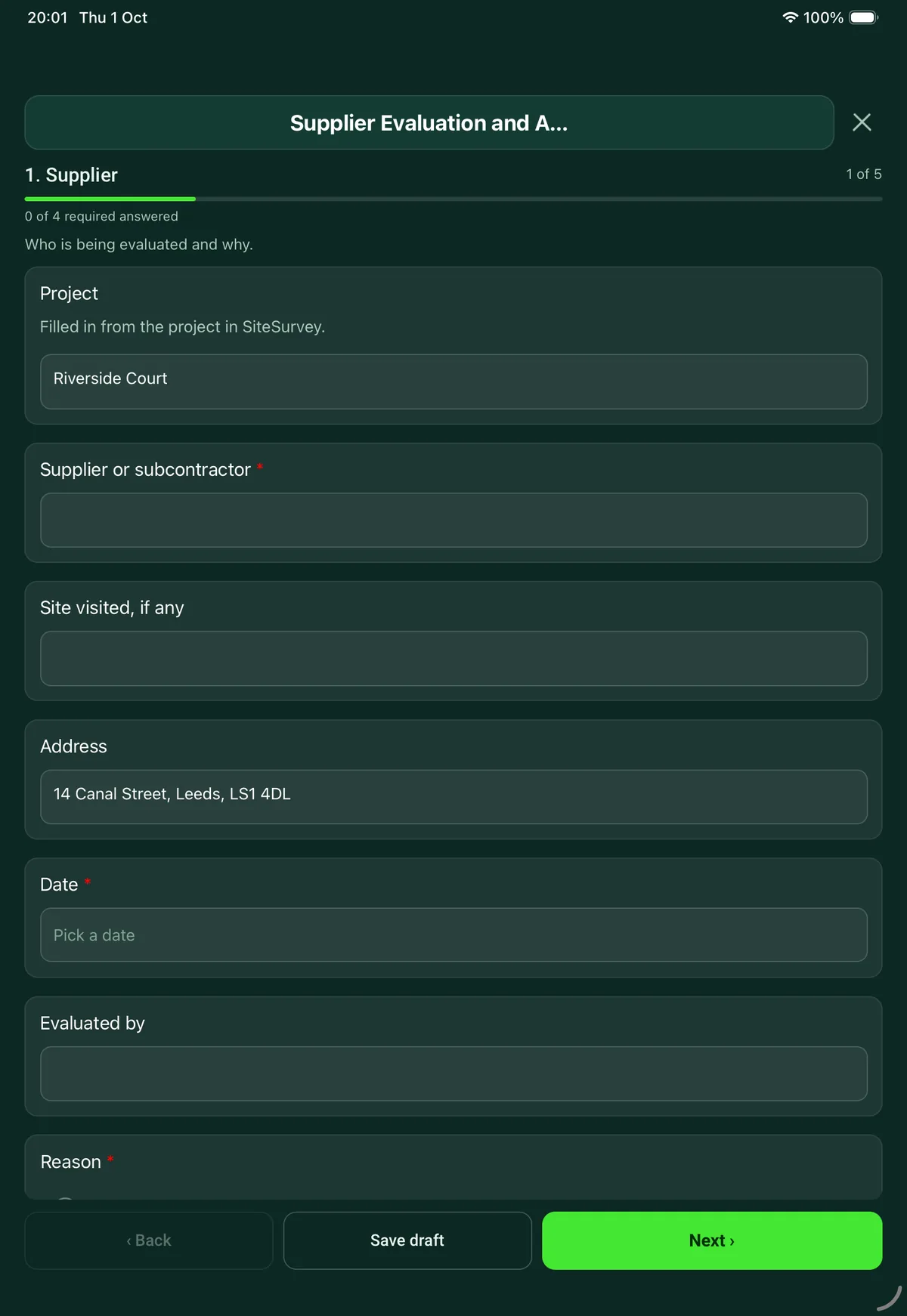 The Supplier Evaluation and Audit form in the SiteSurvey app on a tablet