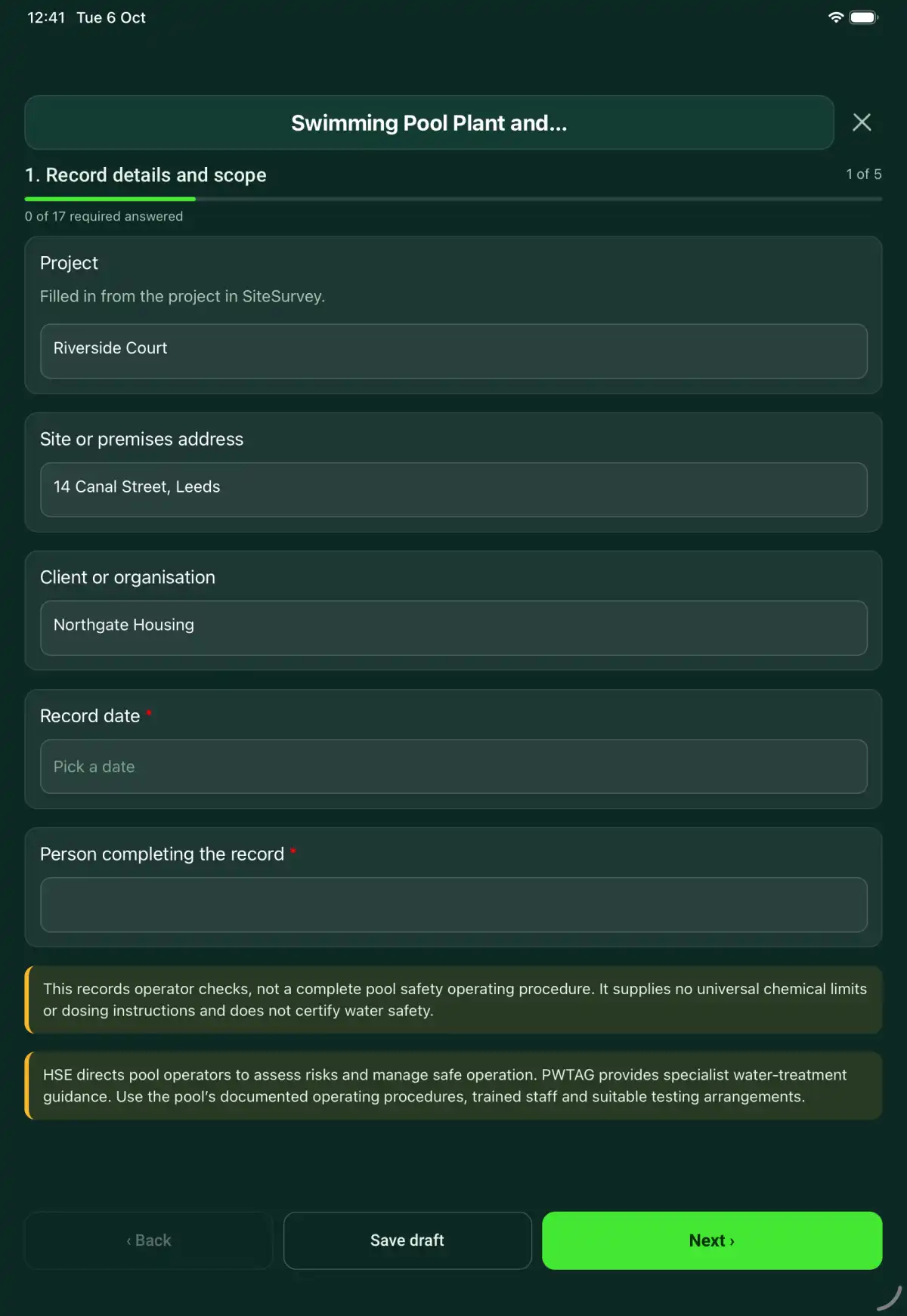 The Swimming Pool Plant and Water Checks form in the SiteSurvey app on a tablet