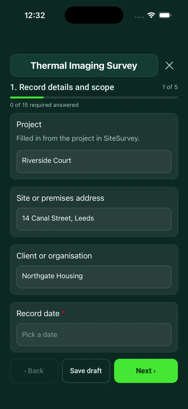 The Thermal Imaging Survey form in the SiteSurvey app on a phone