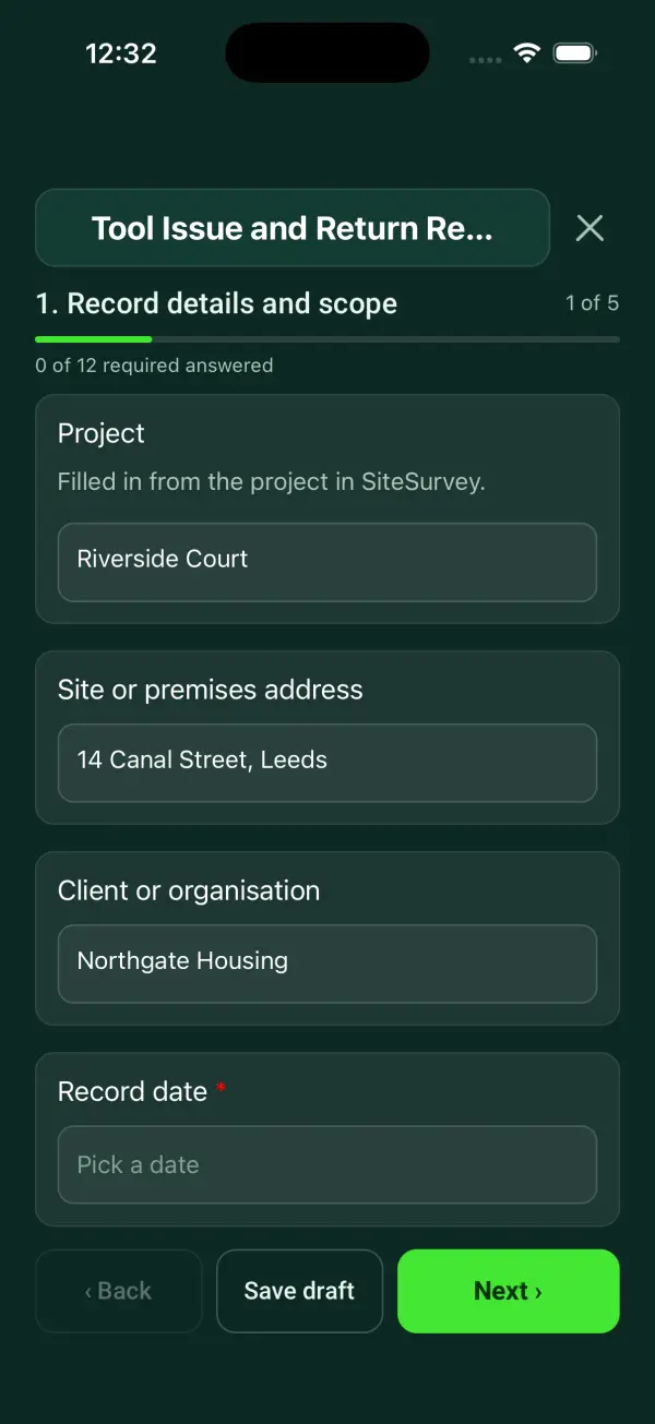 The Tool Issue and Return Register form in the SiteSurvey app on a phone
