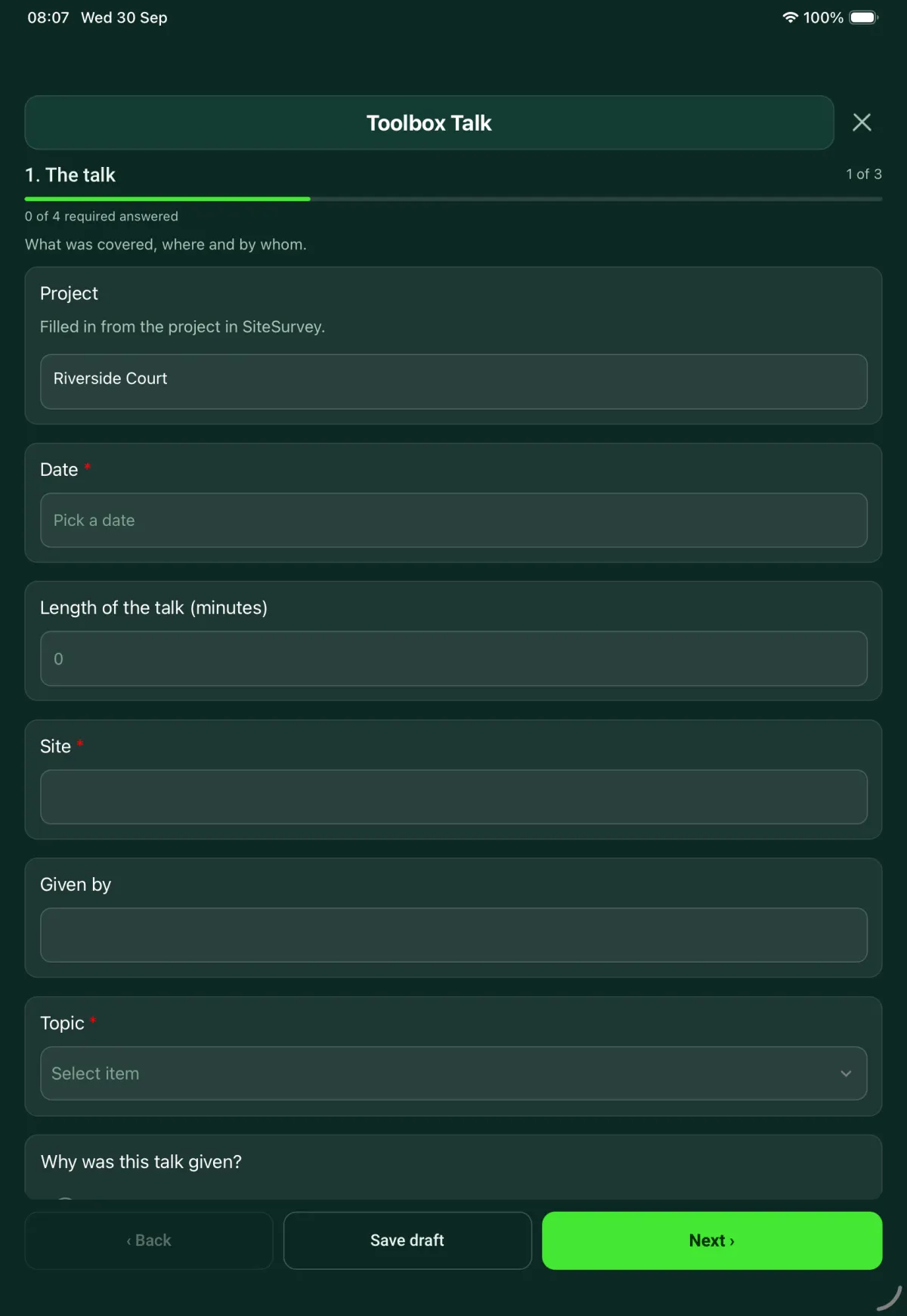 The Toolbox Talk form in the SiteSurvey app on a tablet