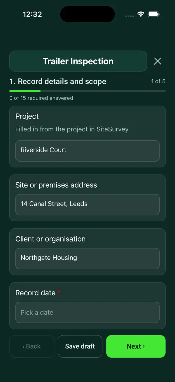 The Trailer Inspection form in the SiteSurvey app on a phone