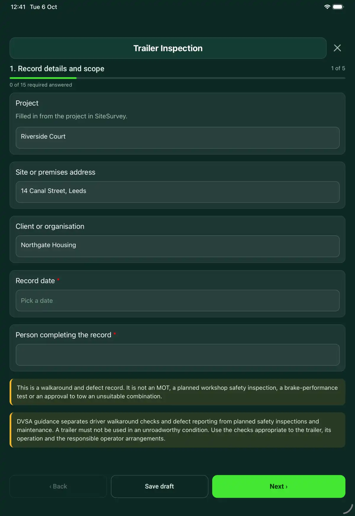 The Trailer Inspection form in the SiteSurvey app on a tablet