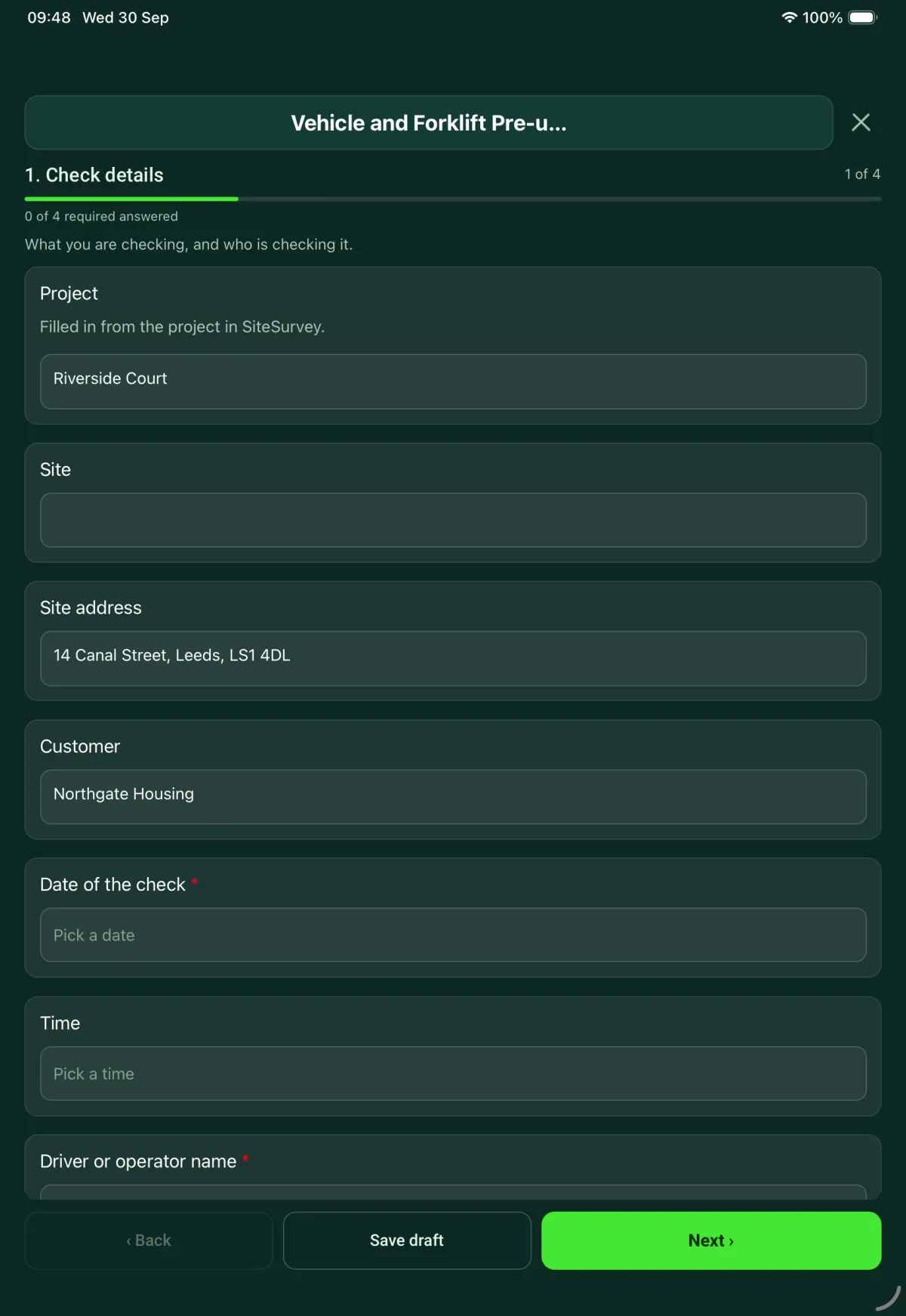 The Vehicle and Forklift Pre-use Check form in the SiteSurvey app on a tablet