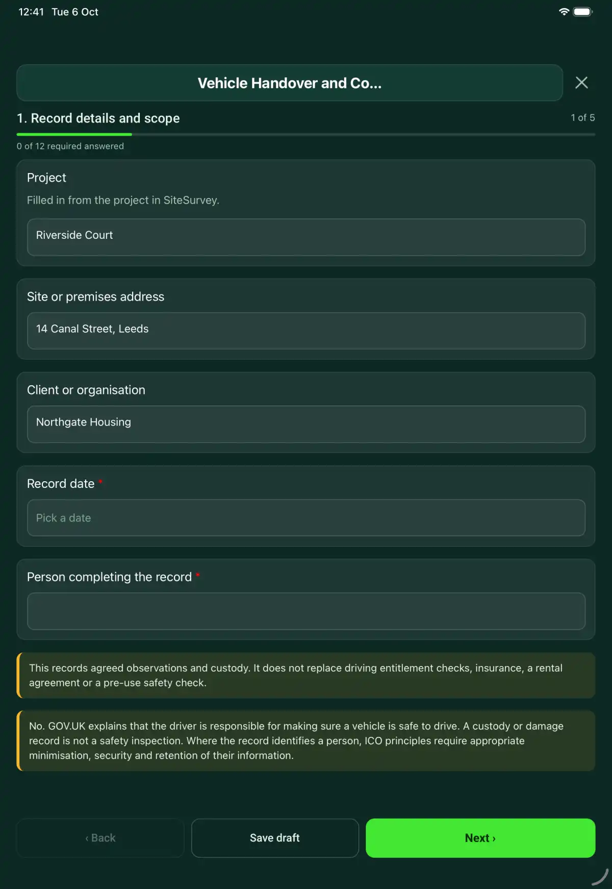 The Vehicle Handover and Condition Record form in the SiteSurvey app on a tablet