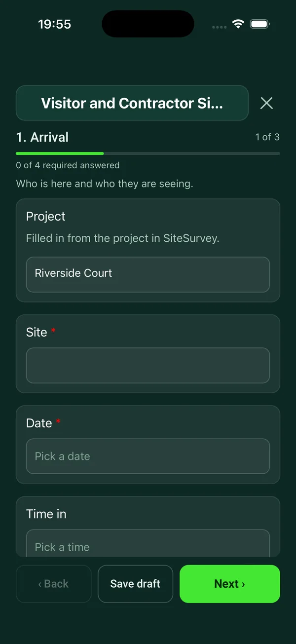 The Visitor and Contractor Sign-in form in the SiteSurvey app on a phone