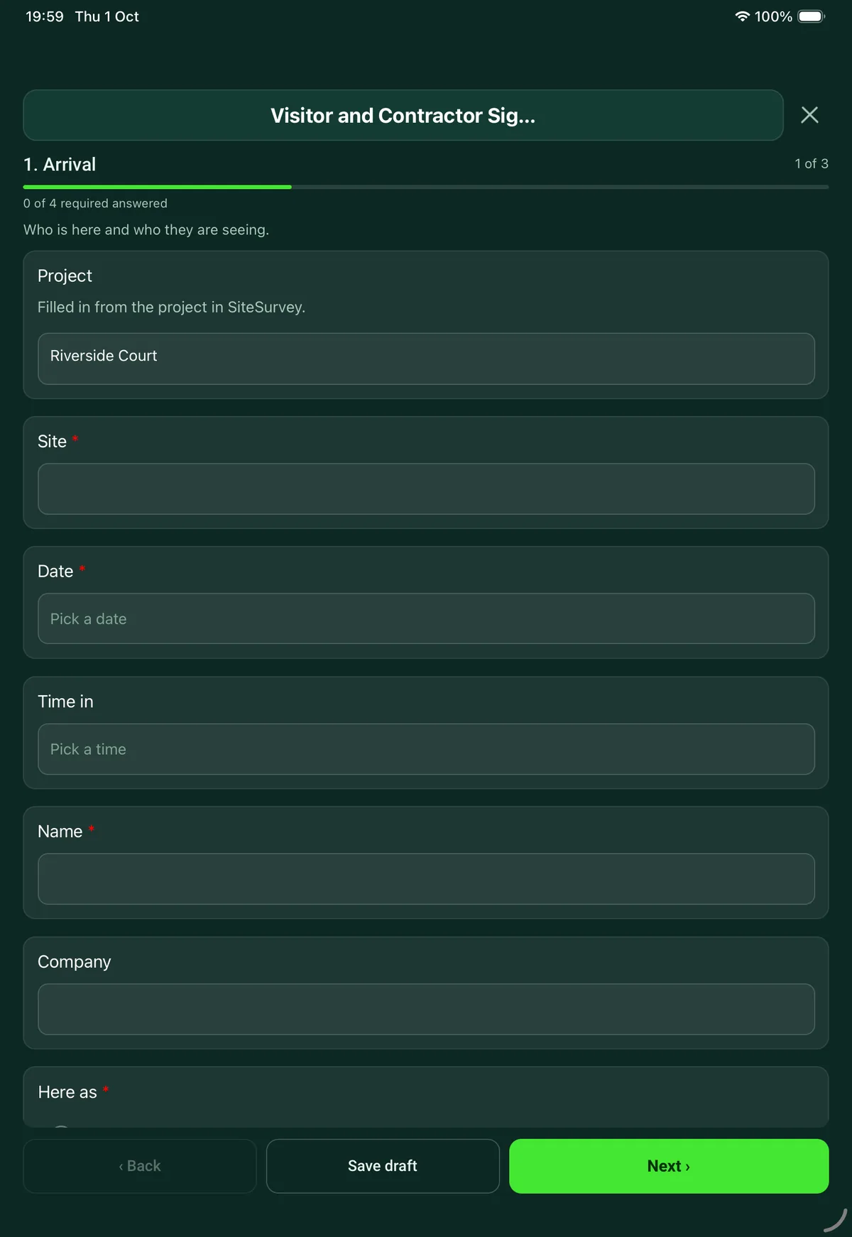 The Visitor and Contractor Sign-in form in the SiteSurvey app on a tablet