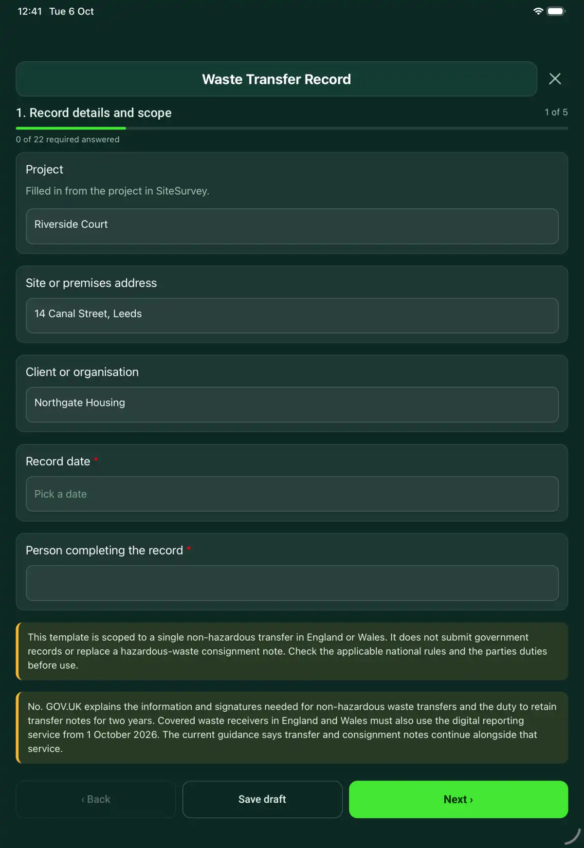 The Waste Transfer Record form in the SiteSurvey app on a tablet