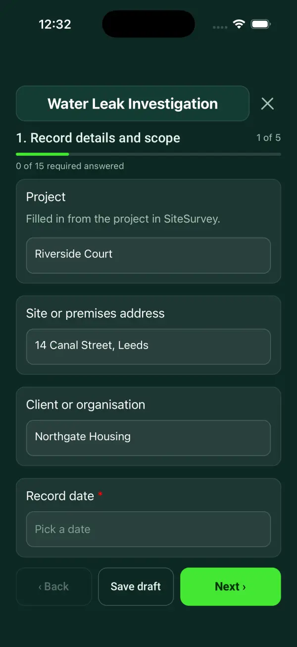The Water Leak Investigation form in the SiteSurvey app on a phone