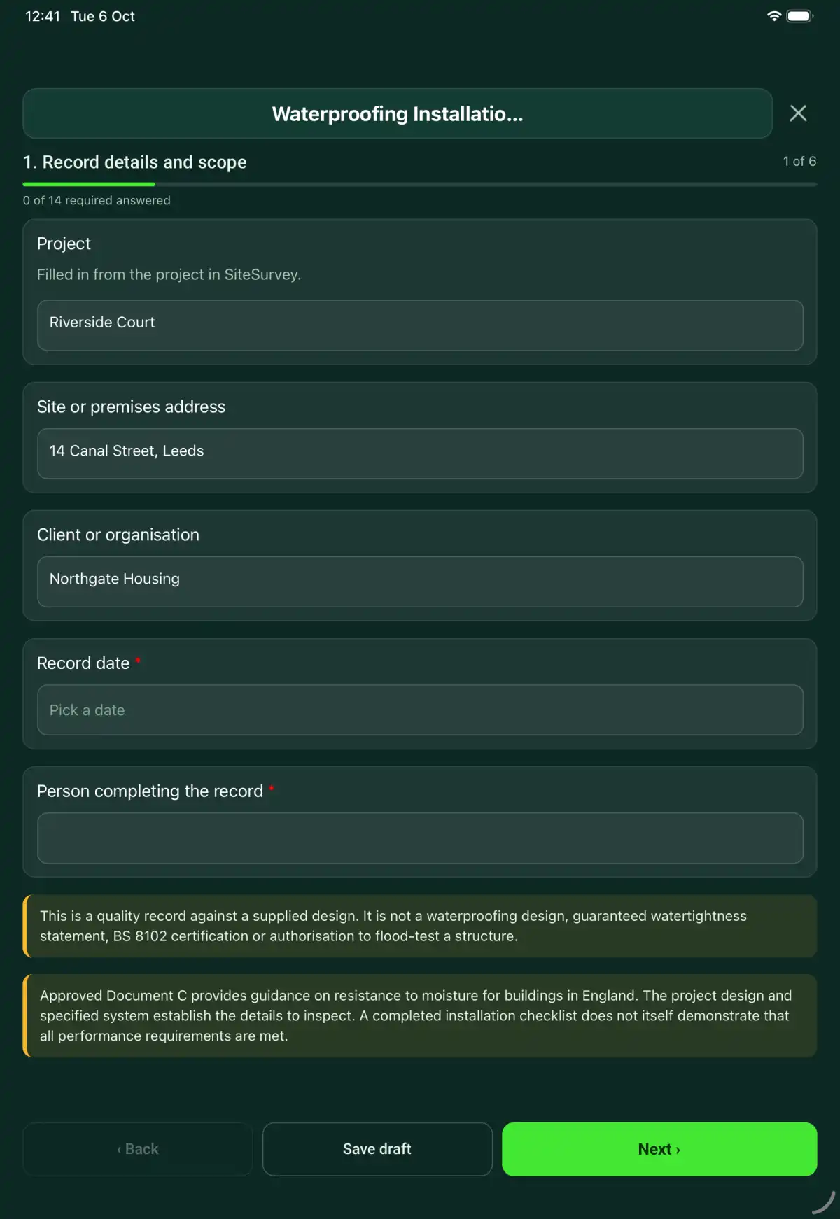 The Waterproofing Installation Inspection form in the SiteSurvey app on a tablet
