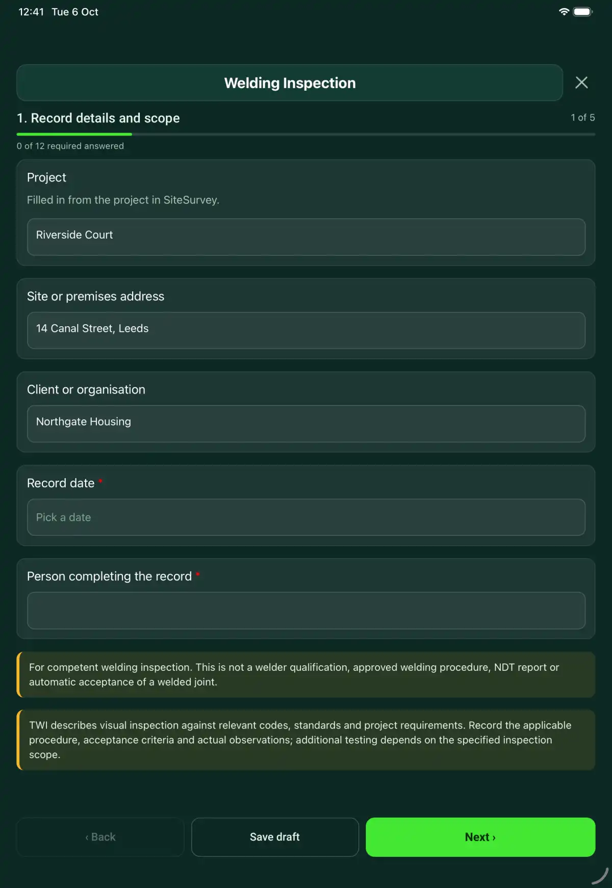 The Welding Inspection form in the SiteSurvey app on a tablet