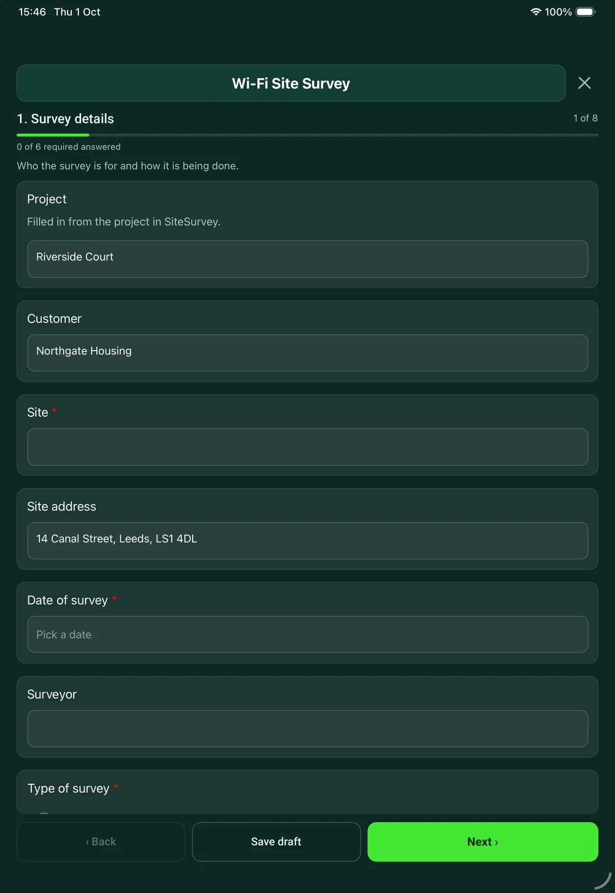 The Wi-Fi Site Survey form in the SiteSurvey app on a tablet