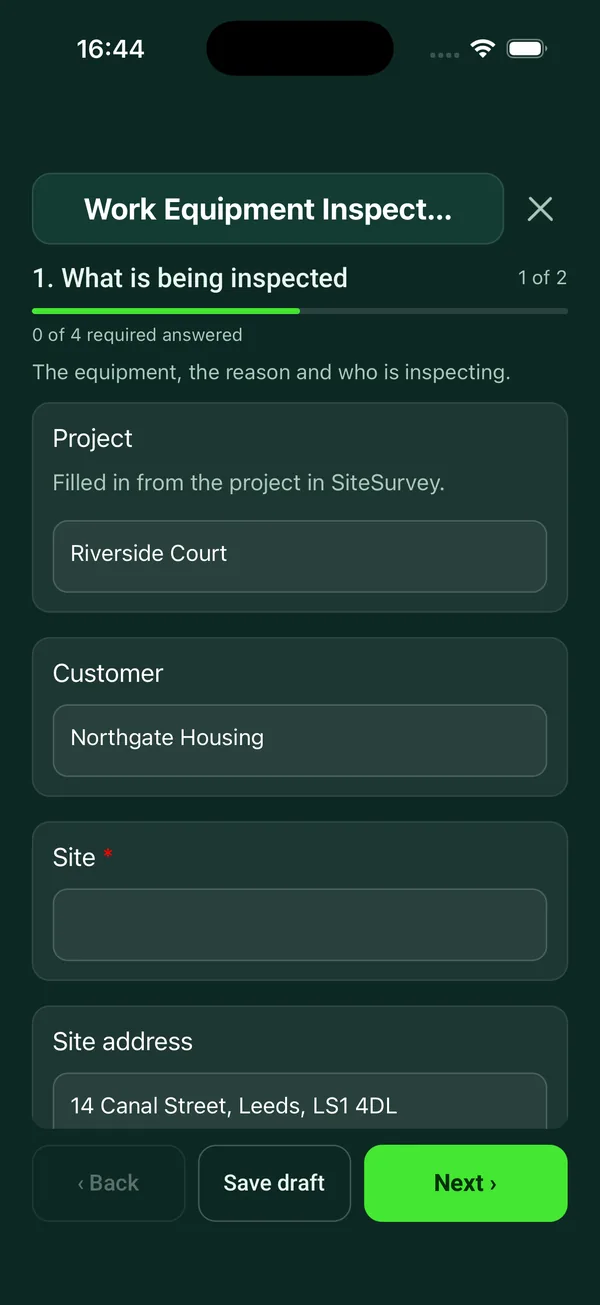 The Work Equipment Inspection form in the SiteSurvey app on a phone