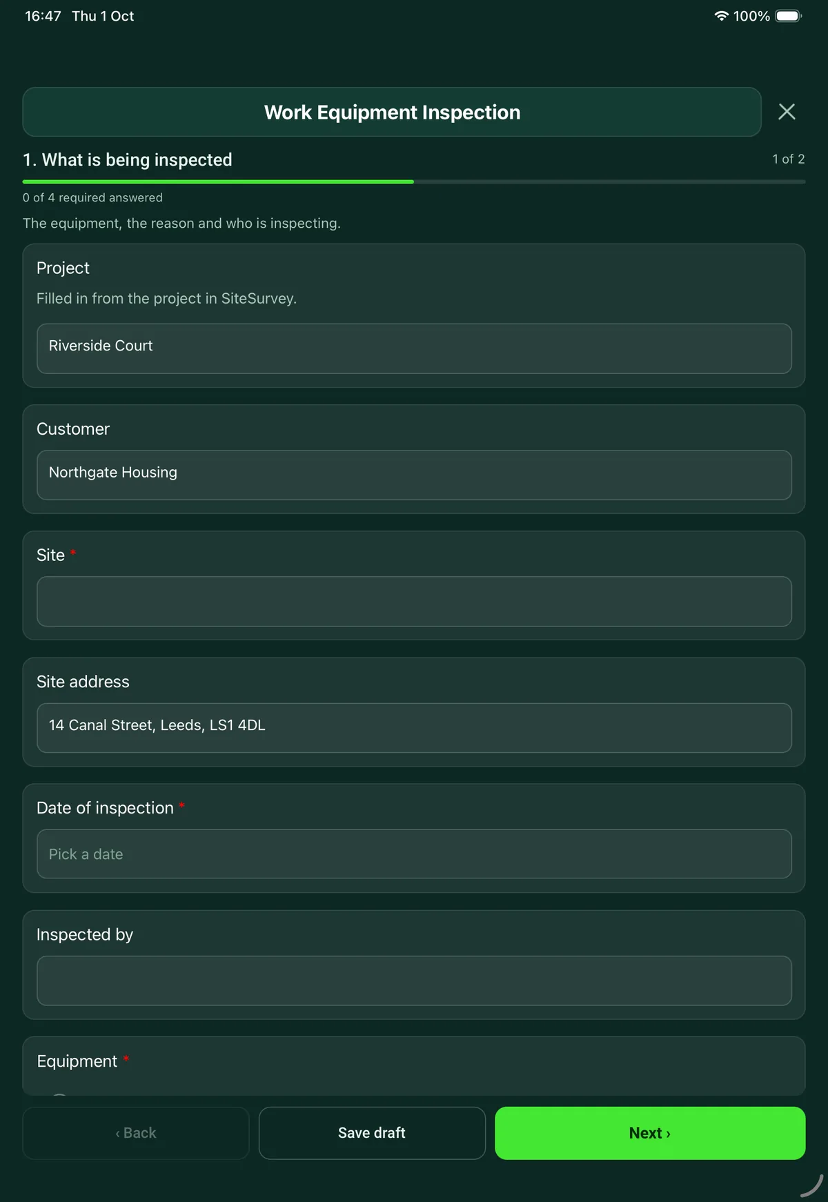 The Work Equipment Inspection form in the SiteSurvey app on a tablet