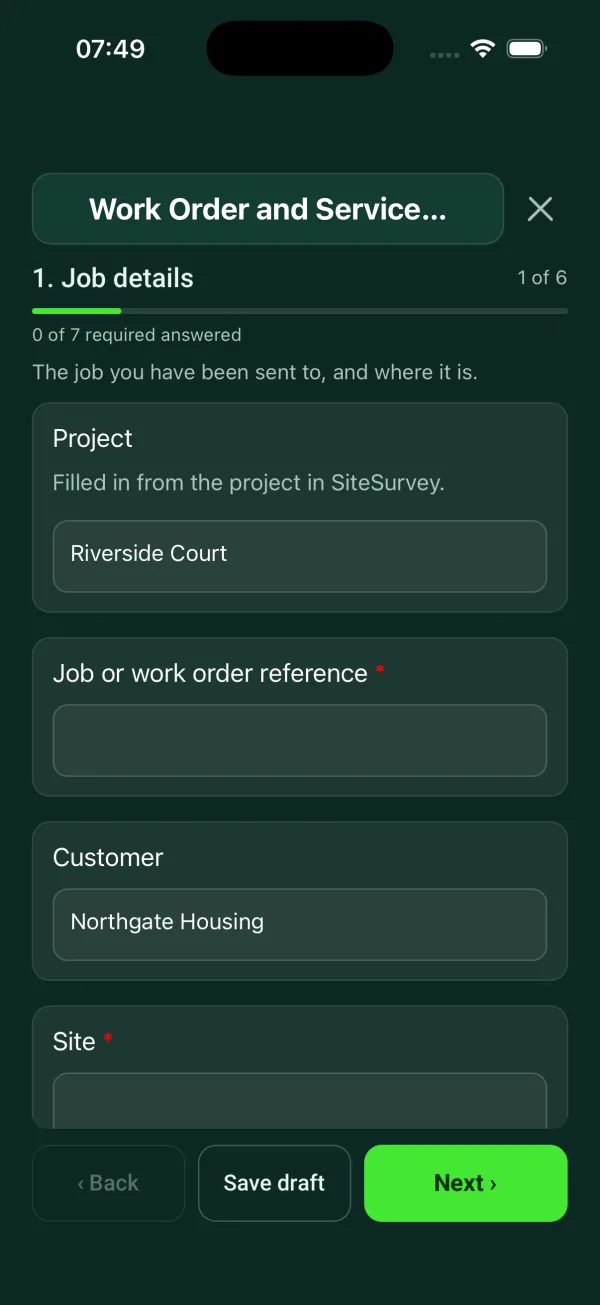 The Work Order and Service Report form in the SiteSurvey app on a phone