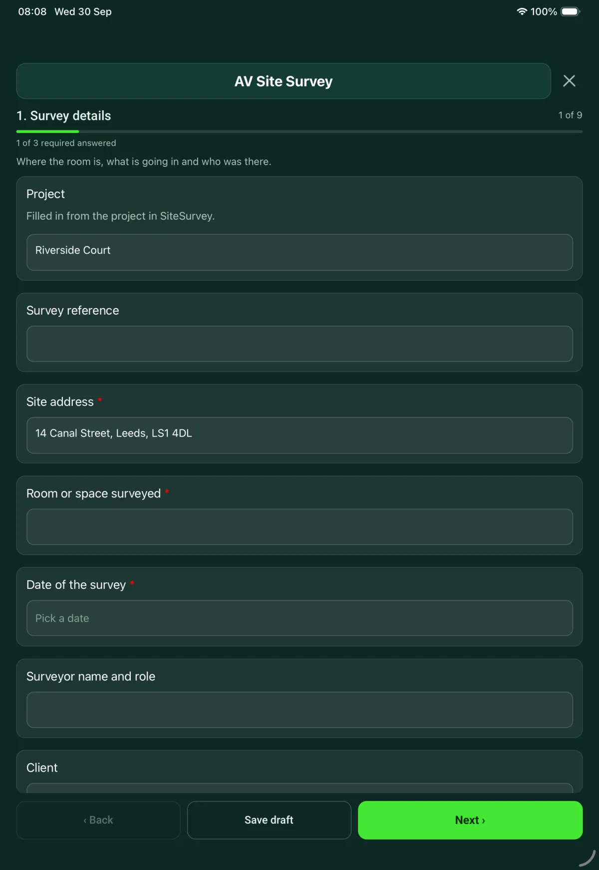 The Work Order and Service Report form in the SiteSurvey app on a tablet