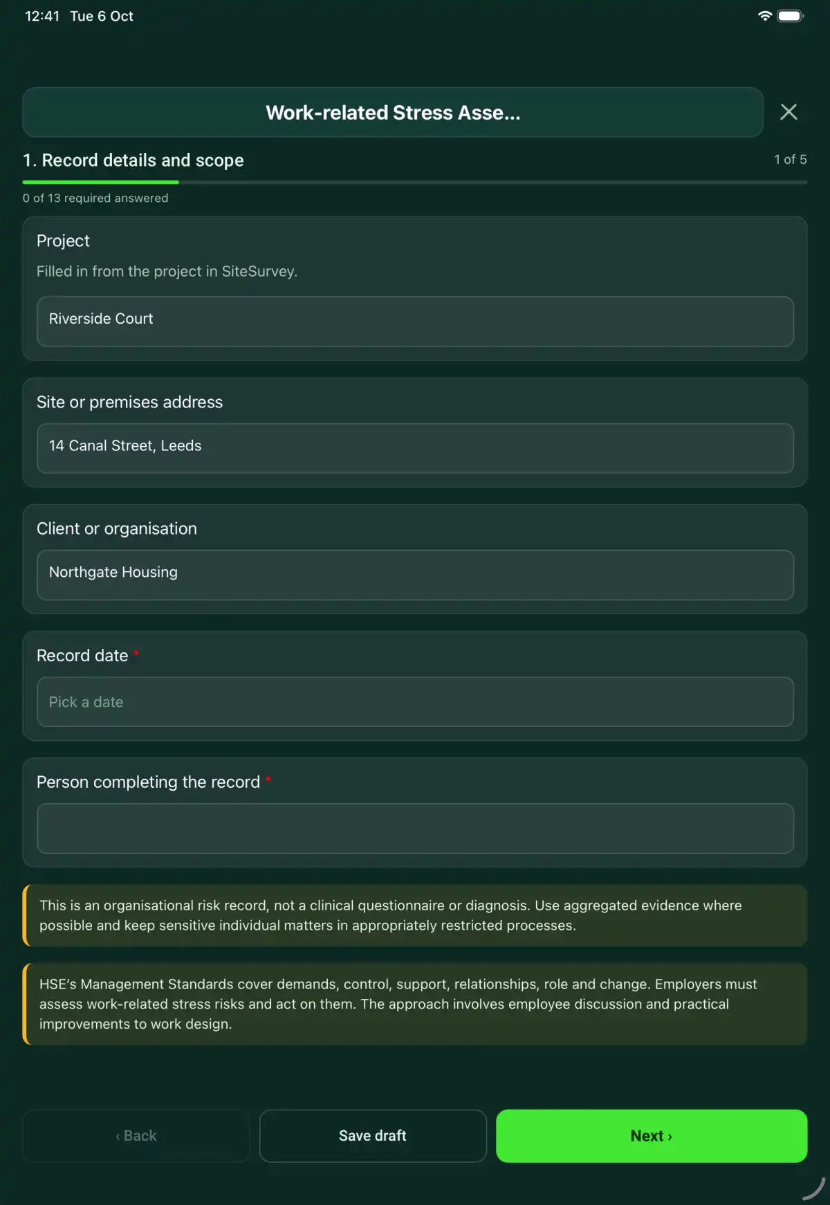 The Work-related Stress Assessment form in the SiteSurvey app on a tablet