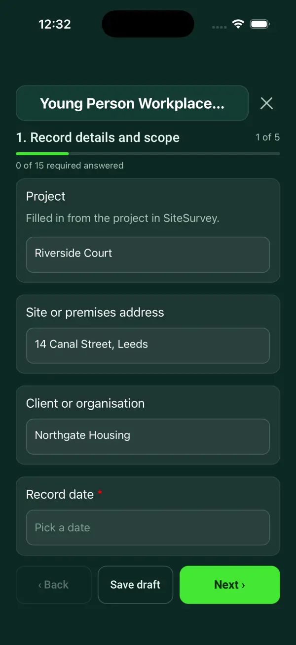 The Young Person Workplace Assessment form in the SiteSurvey app on a phone