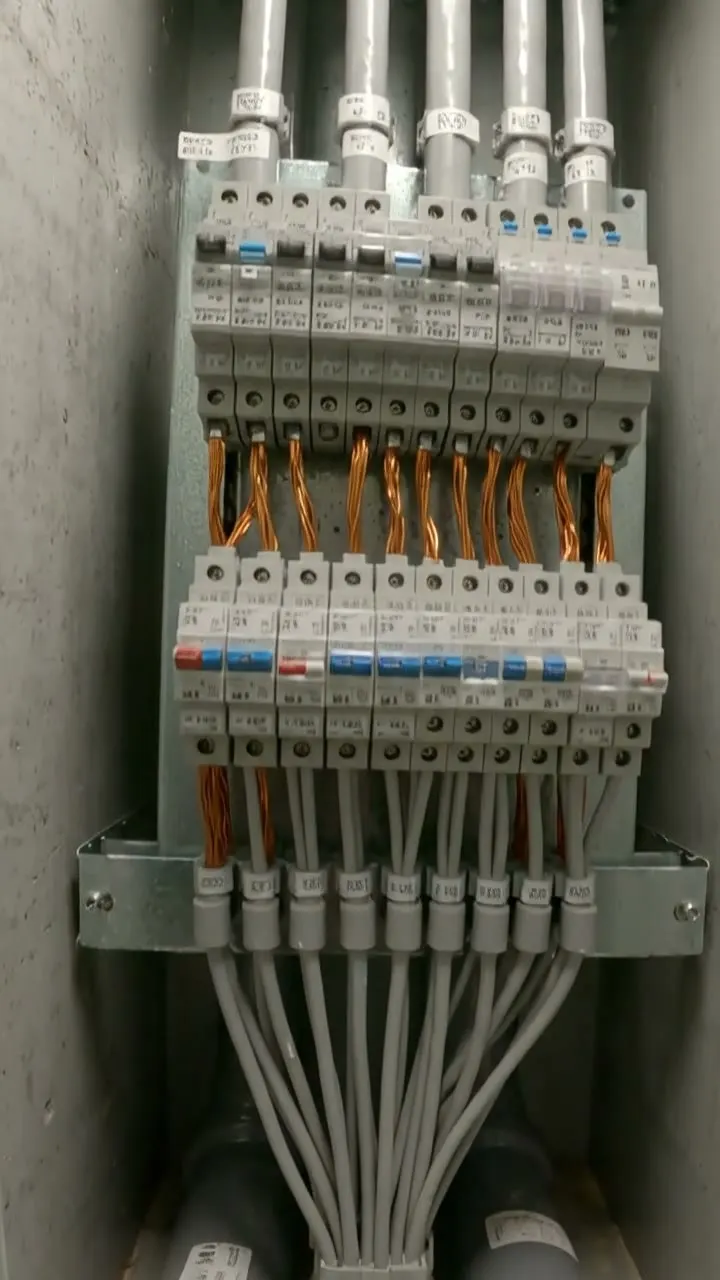 A distribution board in a riser with its inner cover missing and the breakers and wiring exposed