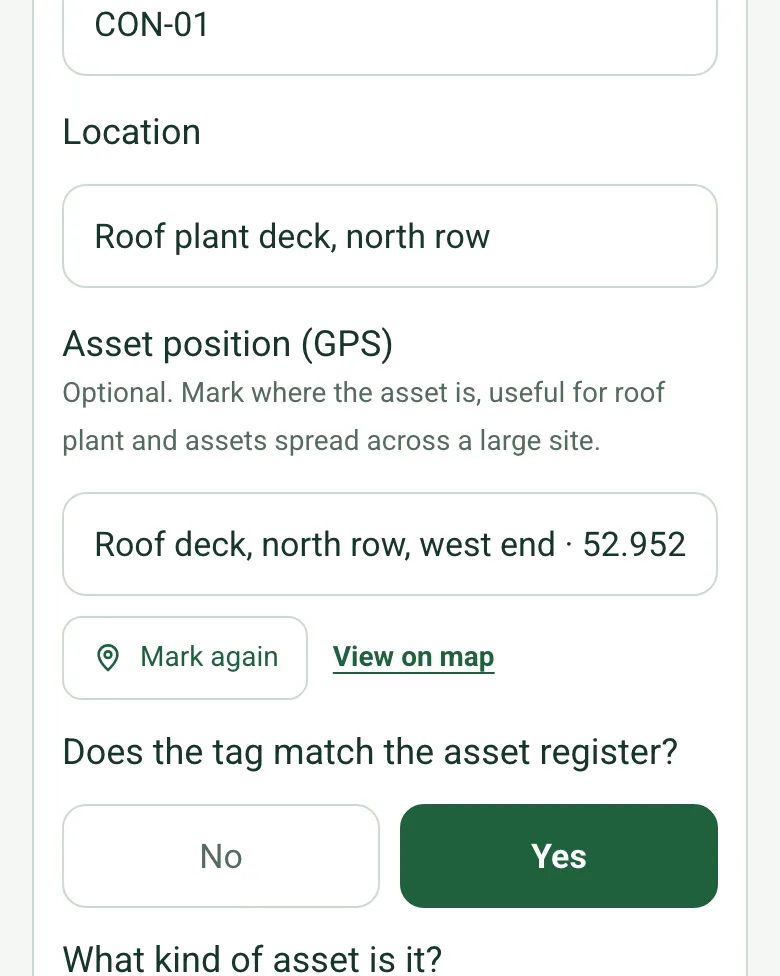Asset position (GPS) for CON-01 filled in as Roof deck, north row, west end, with coordinates, Mark again and View on map
