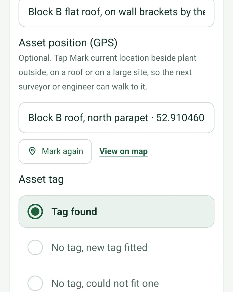 Asset position (GPS) on a roof condensing unit: Block B roof, north parapet, with the coordinates, a Mark again button and View on map