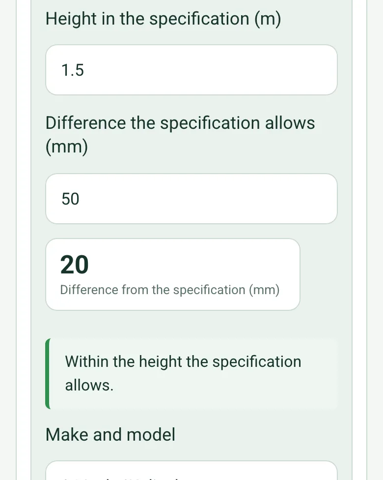Height in the specification 1.5 m and 50 mm allowed, worked out as 20 mm from the specification, with a green note: Within the height the specification allows