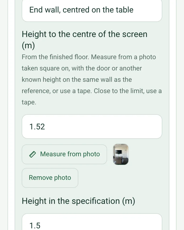Height to the centre of the screen filled in as 1.52 m, with the measuring photo as a thumbnail and a Remove photo button