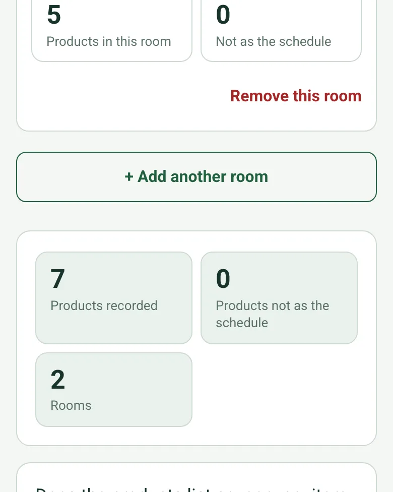 Counts worked out as 7 products recorded, 0 not as the schedule and 2 rooms