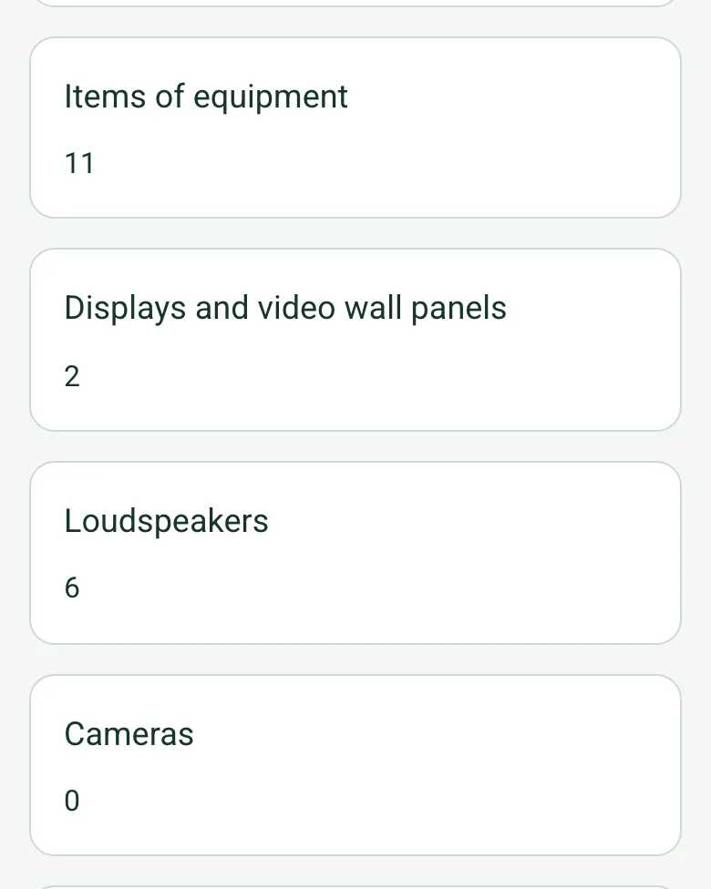 Worked-out totals in the completed AV survey on a phone: items of equipment 11, displays and video wall panels 2, loudspeakers 6, cameras 0
