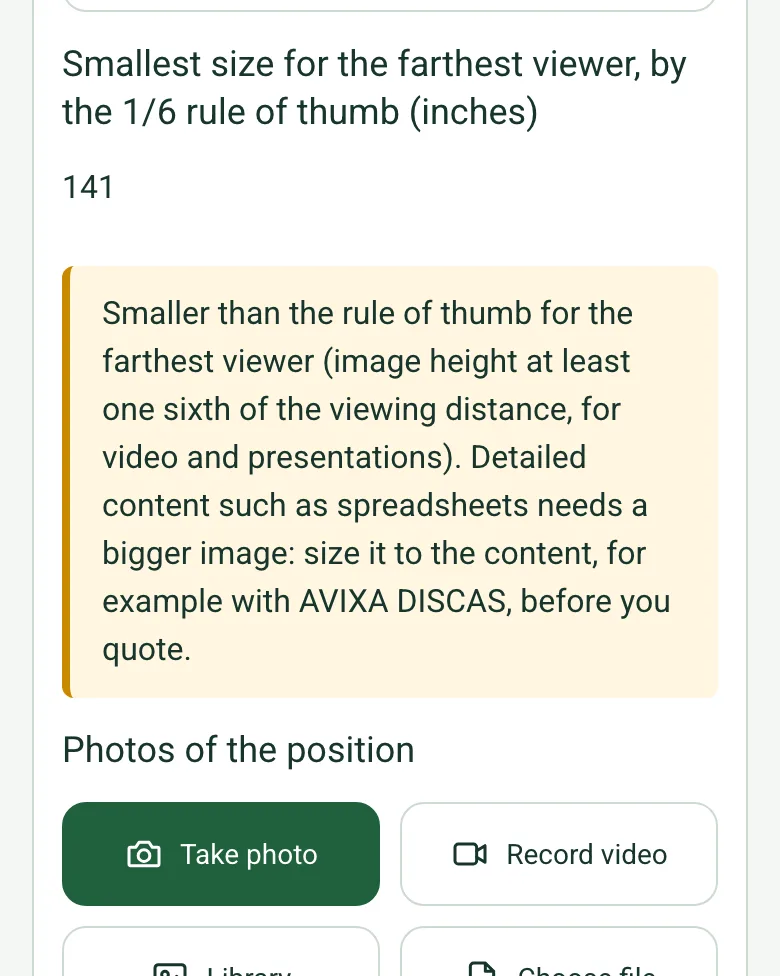 A screen in the completed AV survey on a phone: smallest size for the farthest viewer 141 inches, with an amber note that the proposed 120-inch screen is smaller than the rule of thumb