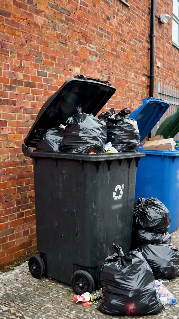 An overflowing black wheelie bin with bags on the ground beside it against a brick wall