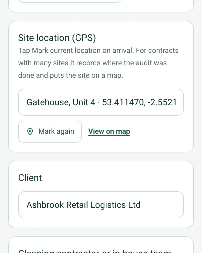 Site location (GPS) filled in as Gatehouse, Unit 4 with the coordinates and a View on map link